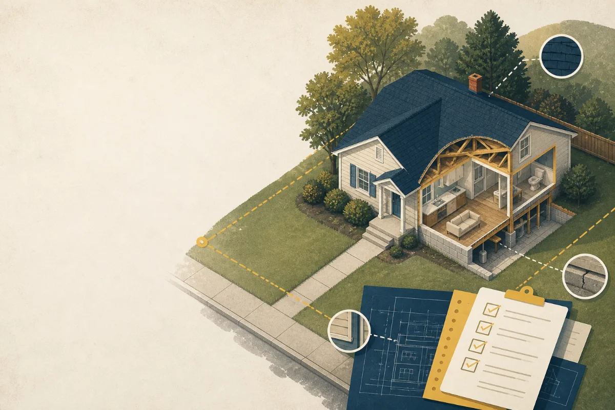 Cutaway home with property lines, inspection details, floor plans, and a checklist
